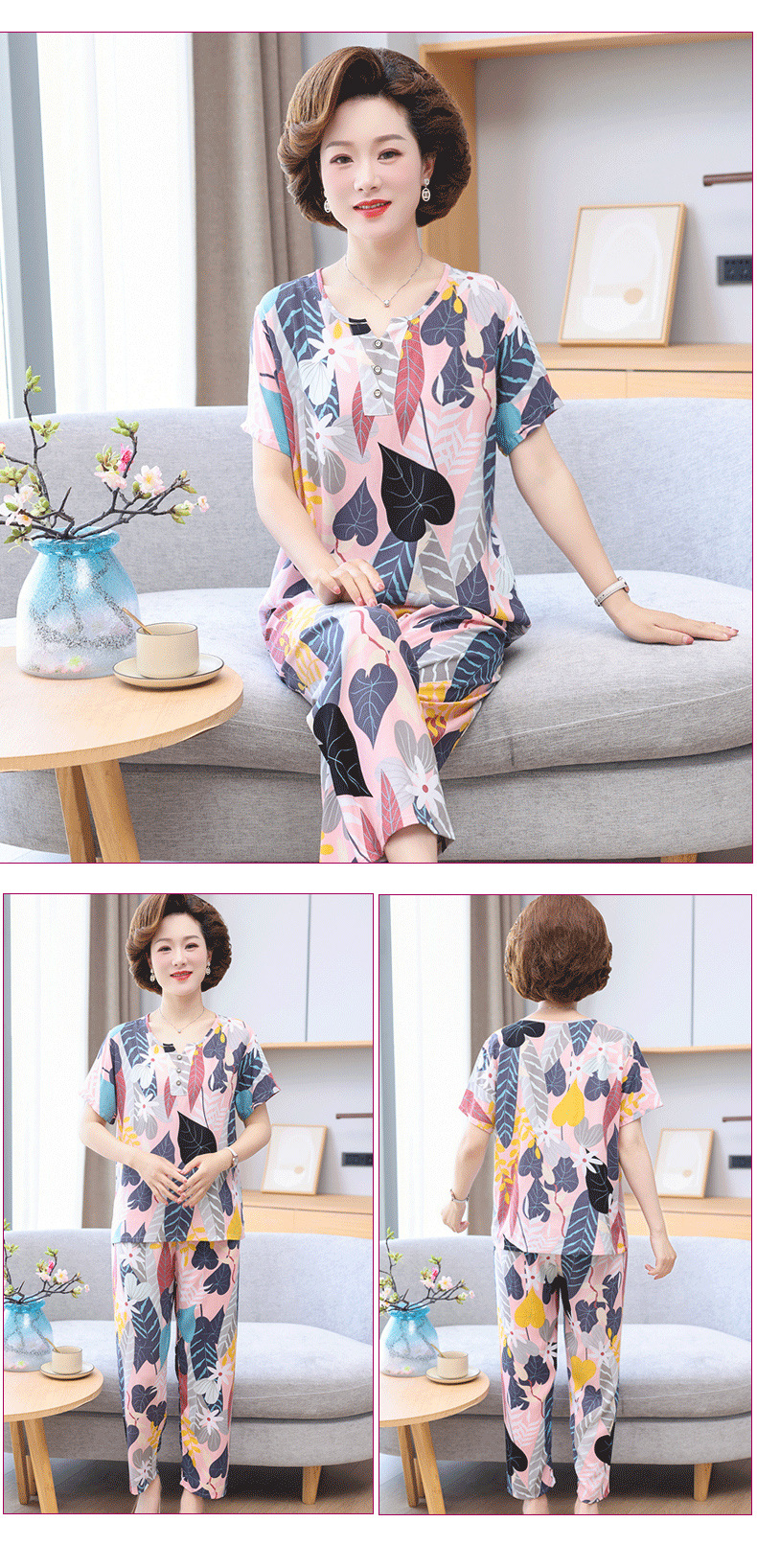 Cotton silk pajamas for women, summer short-sleeved suits, cotton silk for middle-aged and elderly mothers, large-sized artificial cotton home wear for women, suitable for wearing outside pic 14