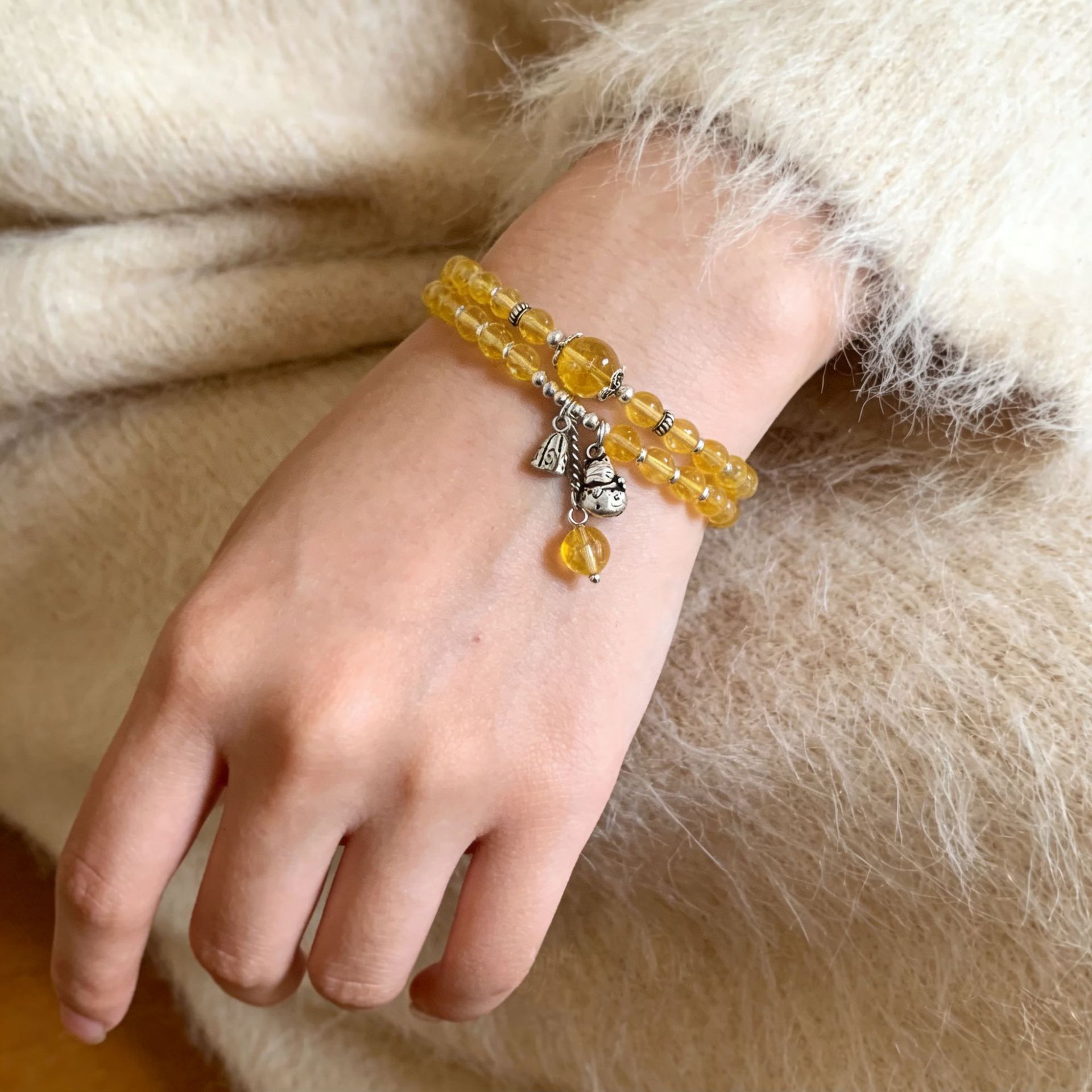 S925 sterling silver yellow crystal retro Maneki Neko double-loop bracelet for women, an Instagram niche design for attracting wealth pic 3