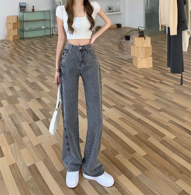 烟灰色直筒牛仔裤女2024春秋新款窄版阔腿裤高腰显瘦百搭烟管裤XH详情9