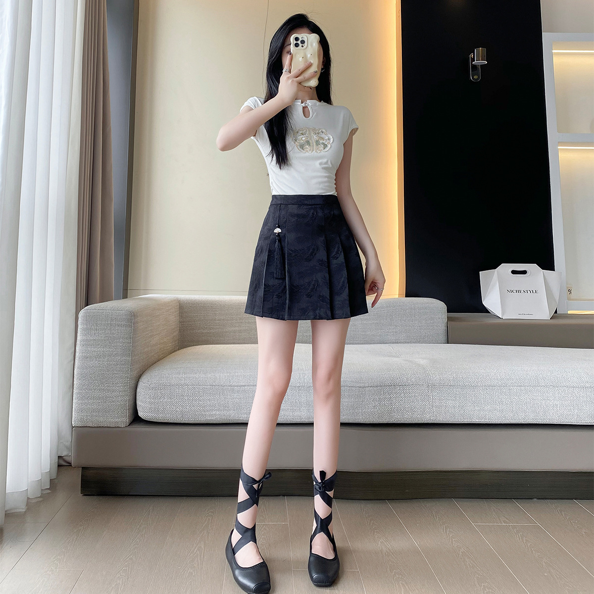 Chinese-style jacquard pleated skirt, short skirt, high-waisted, slimming and youthful A-line skirt, summer short and versatile horse face skirt pic 1