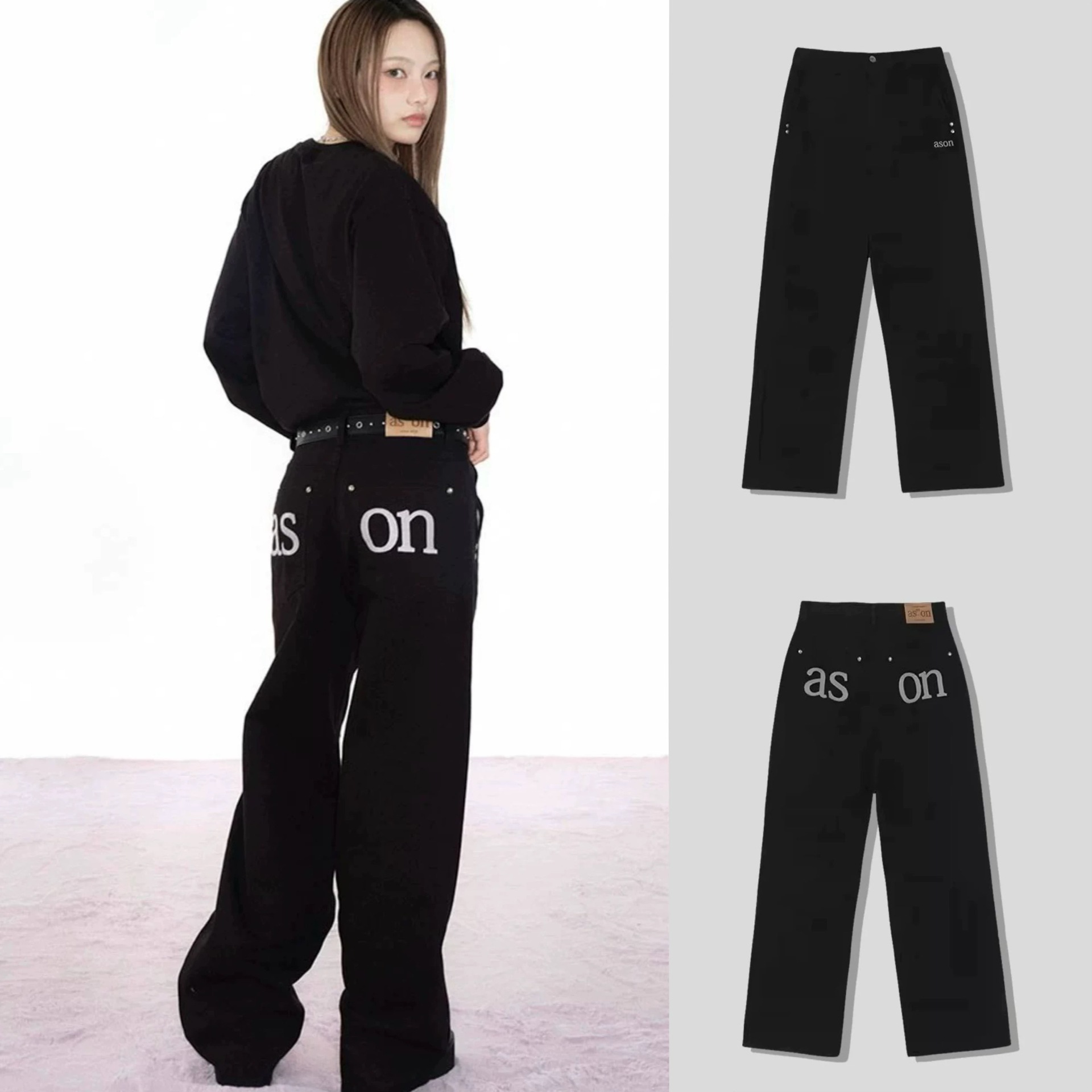 韩国小众 aso*秋新款口袋字母刺绣牛仔裤宽松直筒显瘦高腰长裤女详情3