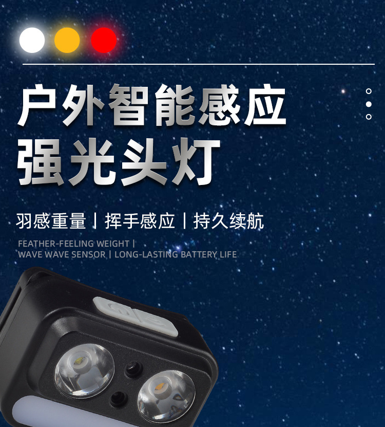 Cross-border smart sensor headlamp, strong light charging, portable yellow, white and red three light sources, long battery life, night fishing light, night running light pic 1