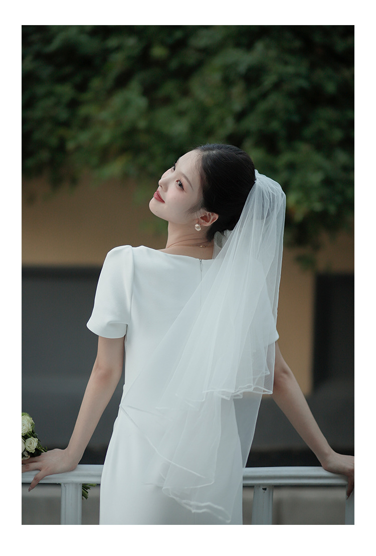 白色法式小礼服方领短袖修身微弹力长款领证订婚小晚礼服连衣裙详情11