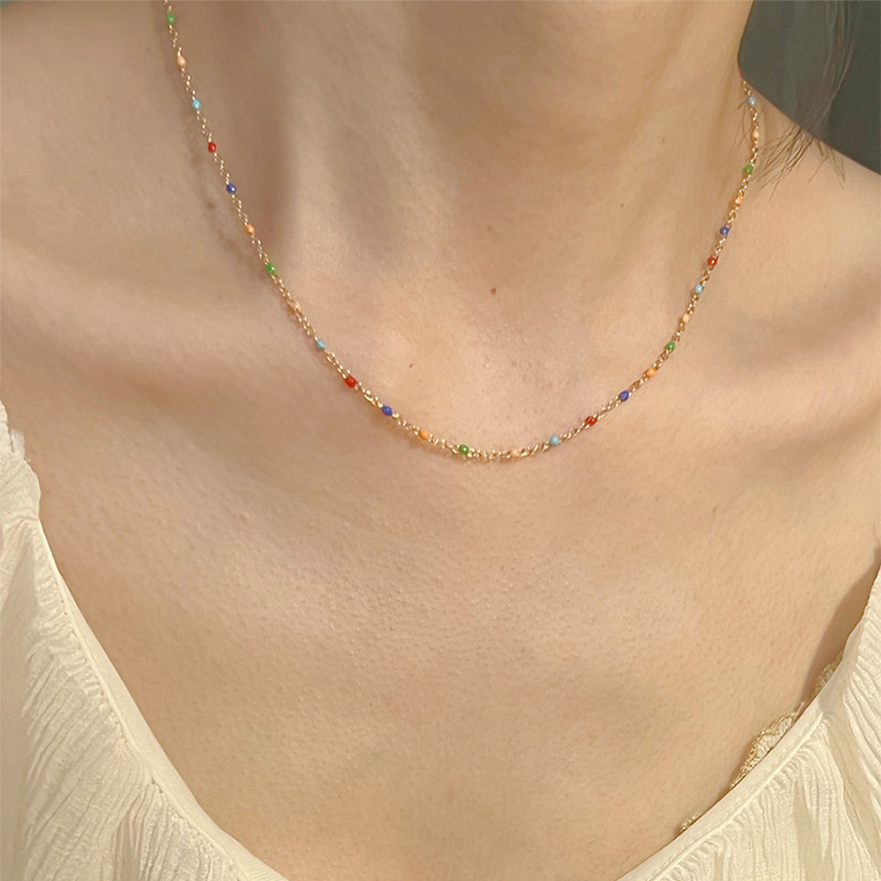复古小众高级感滴油彩色豆豆项链百搭钛钢甜美链锁骨链配饰品详情1