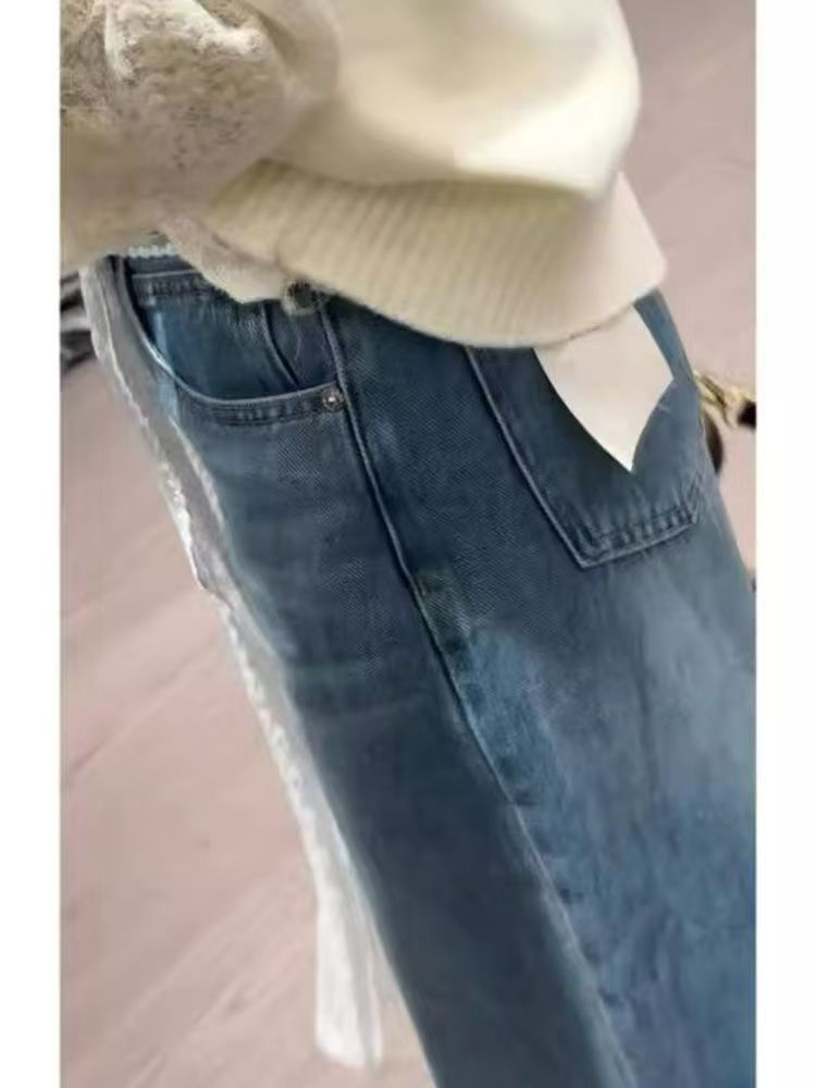 Loose, petite, high-waisted, slimming 9-inch straight-leg lace jeans for women in 2025, a trendy and retro wide-leg pants trend pic 10