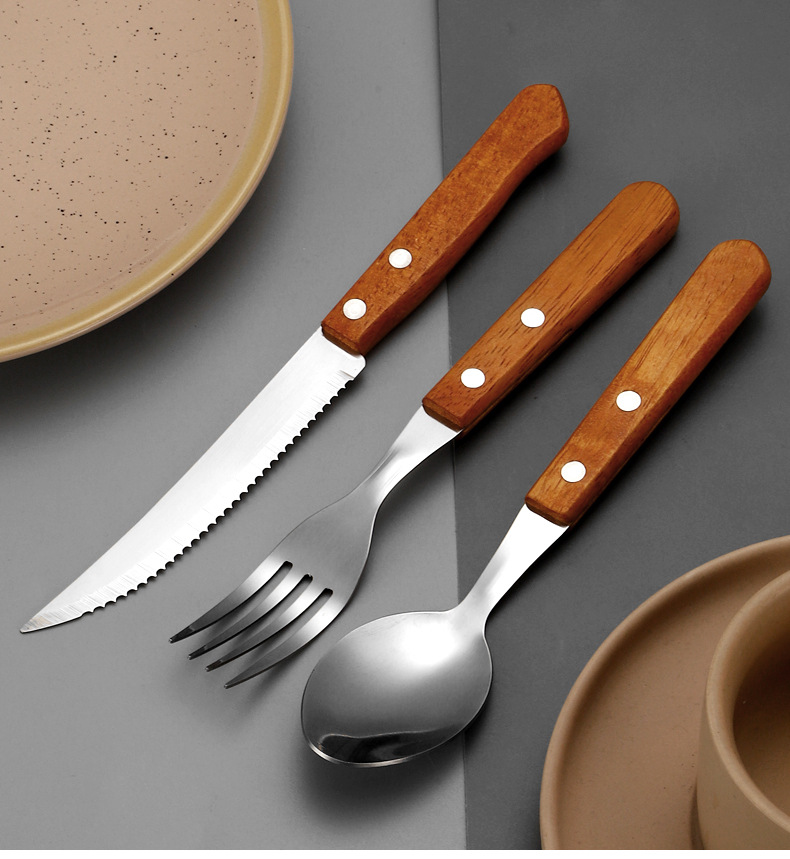 410不锈钢红木柄牛排刀叉餐叉甜品勺 西餐厅西餐刀叉勺礼品四件套详情14