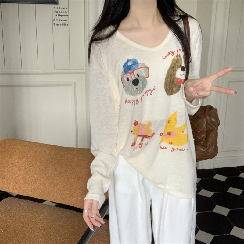A niche and fun printed long-sleeved T-shirt for women, a thin sun-protective top with a fashionable, laid-back and loose design in autumn pic 9