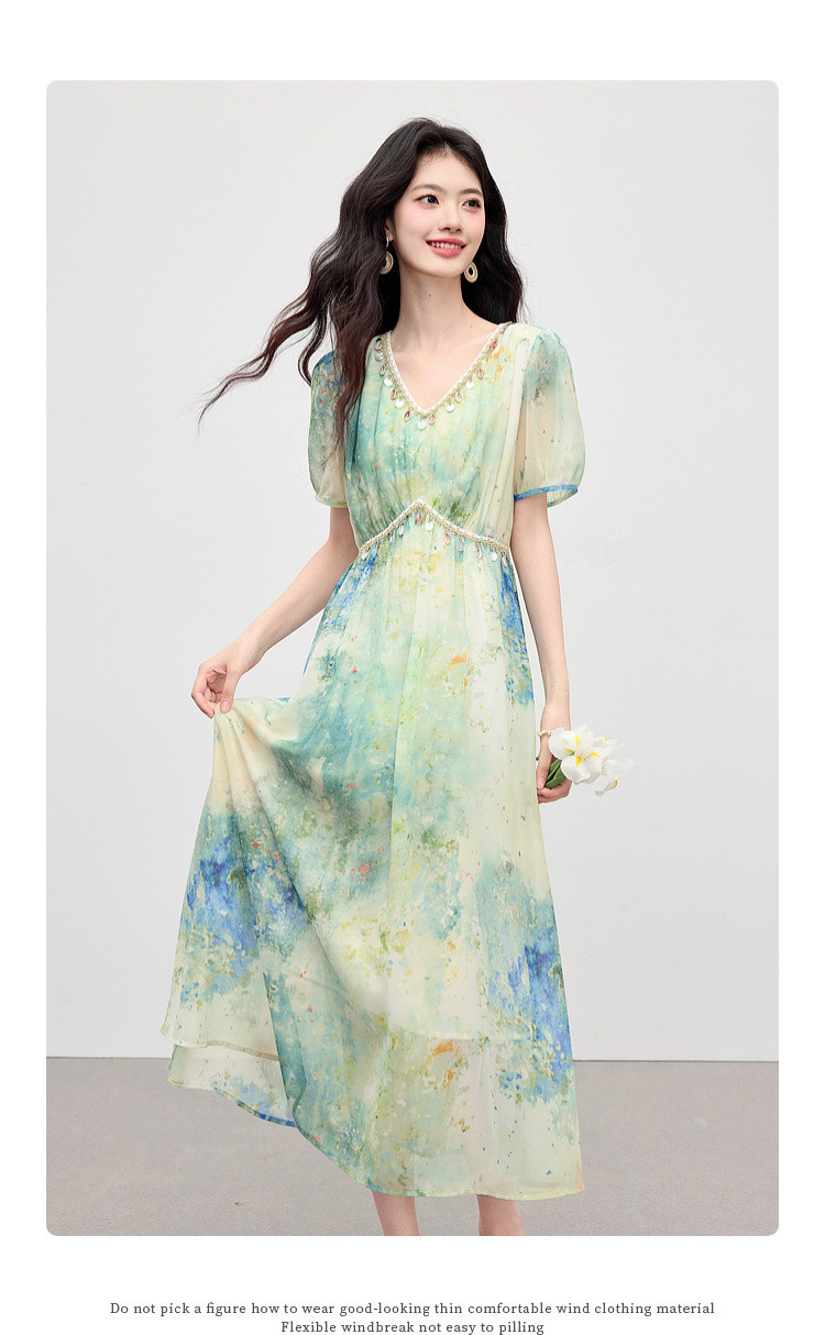 贝壳亮片织带收腰油画晕染裙子女夏小众设计显瘦飘逸波嬉风长裙详情18