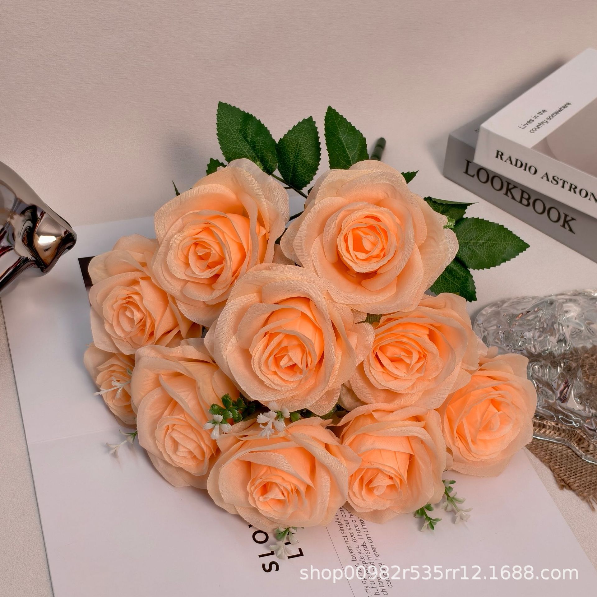 厂家批发10头玫瑰仿真花婚庆婚礼堂装饰玫瑰花假花外贸跨境西洋玫详情19