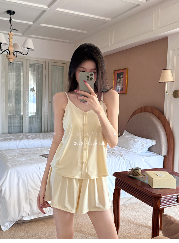 Summer new ice silk adjustable home wear two-piece set with chest pad buttons, ice skin halter shorts and pajama pic 19