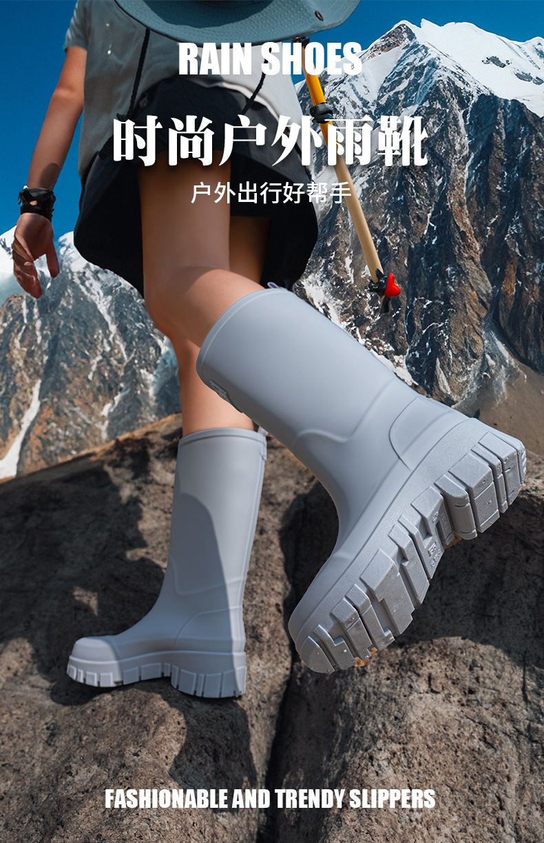 跨境时尚雨鞋女厚底耐磨防滑水鞋韩版中高筒露营风雨靴防水洗车鞋详情1