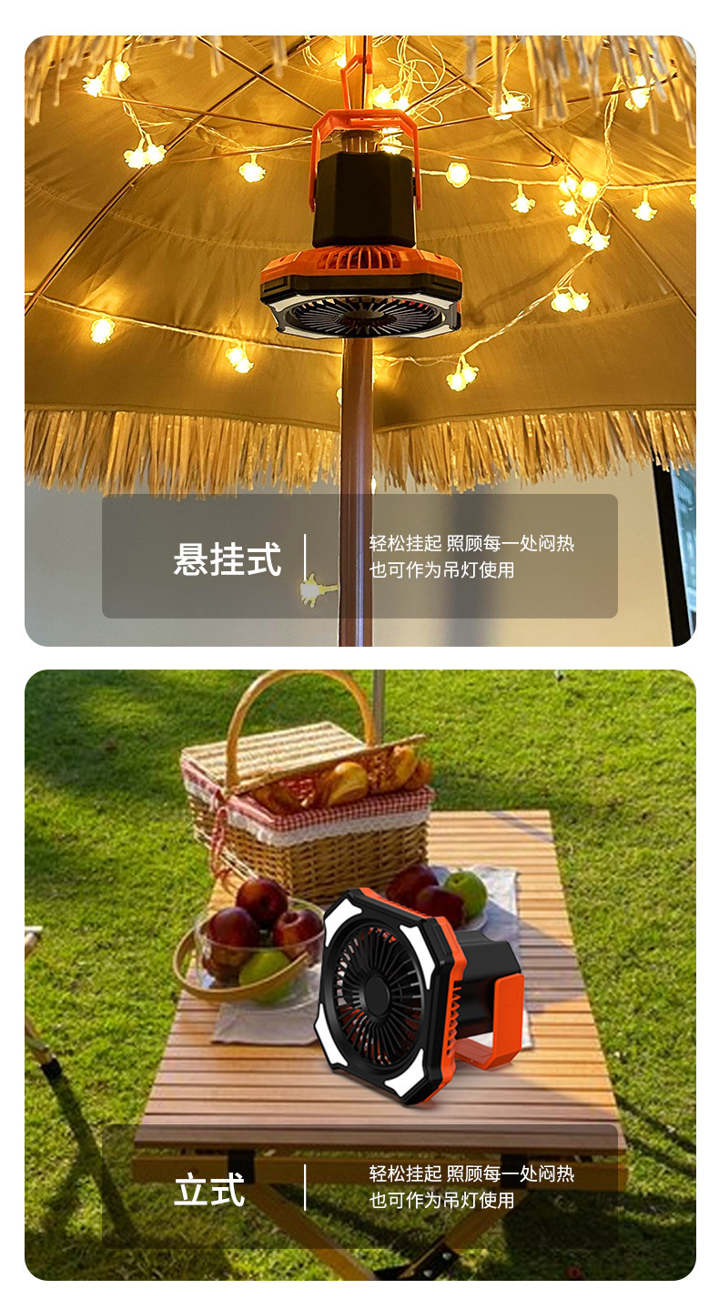 跨境户外风扇便捷式台式宿舍桌面壁挂吊扇灯帐篷露营电风扇灯批发详情3