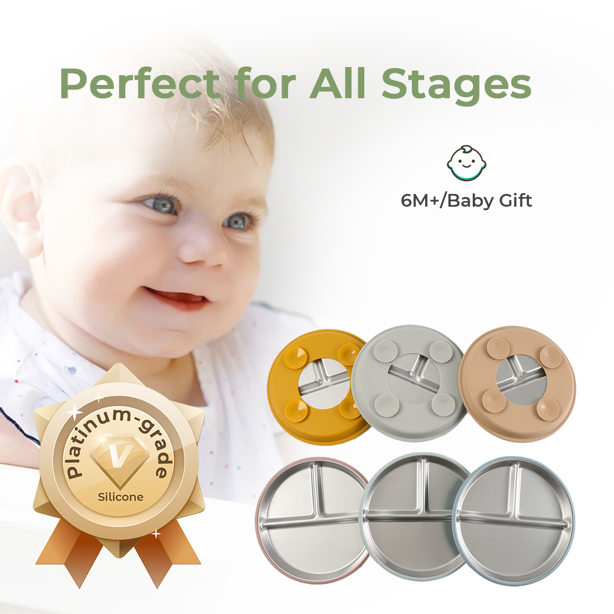 亚马逊儿童餐盘食品级304不锈钢盘幼儿吸盘式硅胶防摔宝宝分格盘详情3