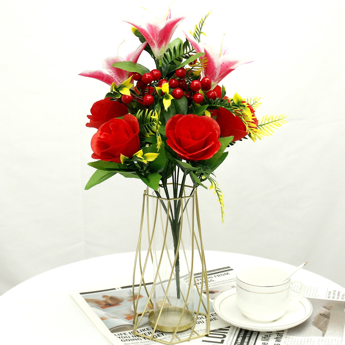 跨境仿真玫瑰花婚庆百合发财果冬青果12头仙桃玫仿真绢花家居花艺详情2