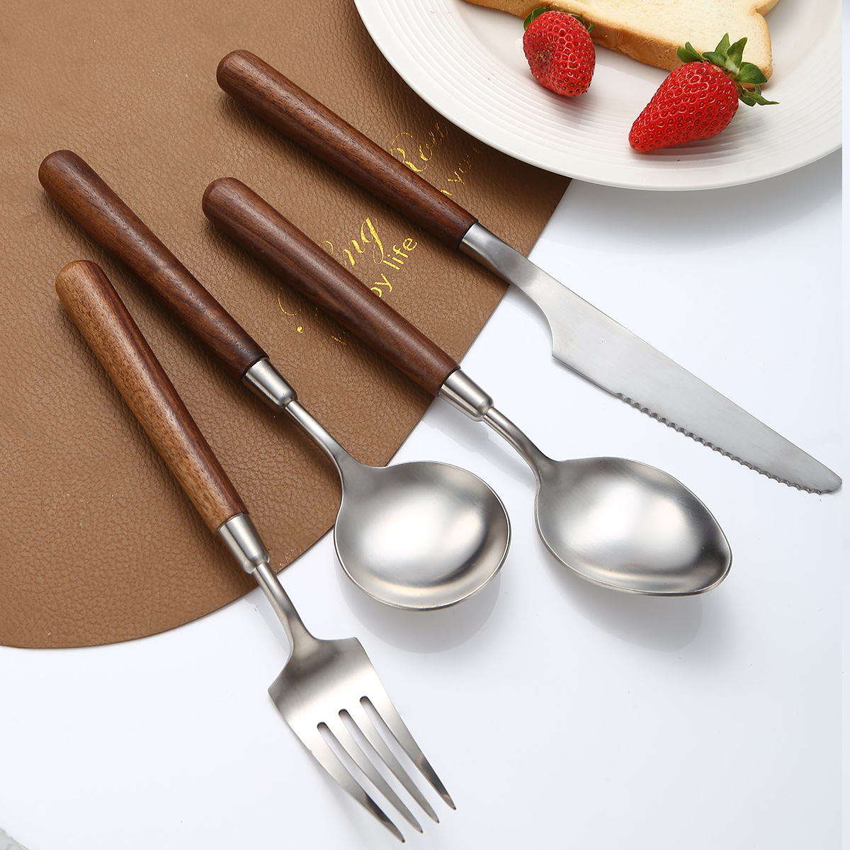 304 stainless steel knife, fork and spoon, light luxury retro walnut wood handle, Western cuisine brushed, restaurant household thickened soup spoon pic 11