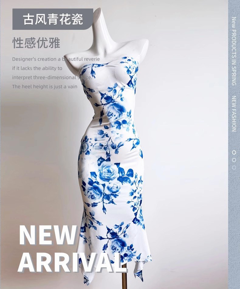 New Chinese-style slimming off-the-shoulder printed dress, blue and white porcelain body-hugging fishtail dress, sexy slit dance dress for socialite pic 7