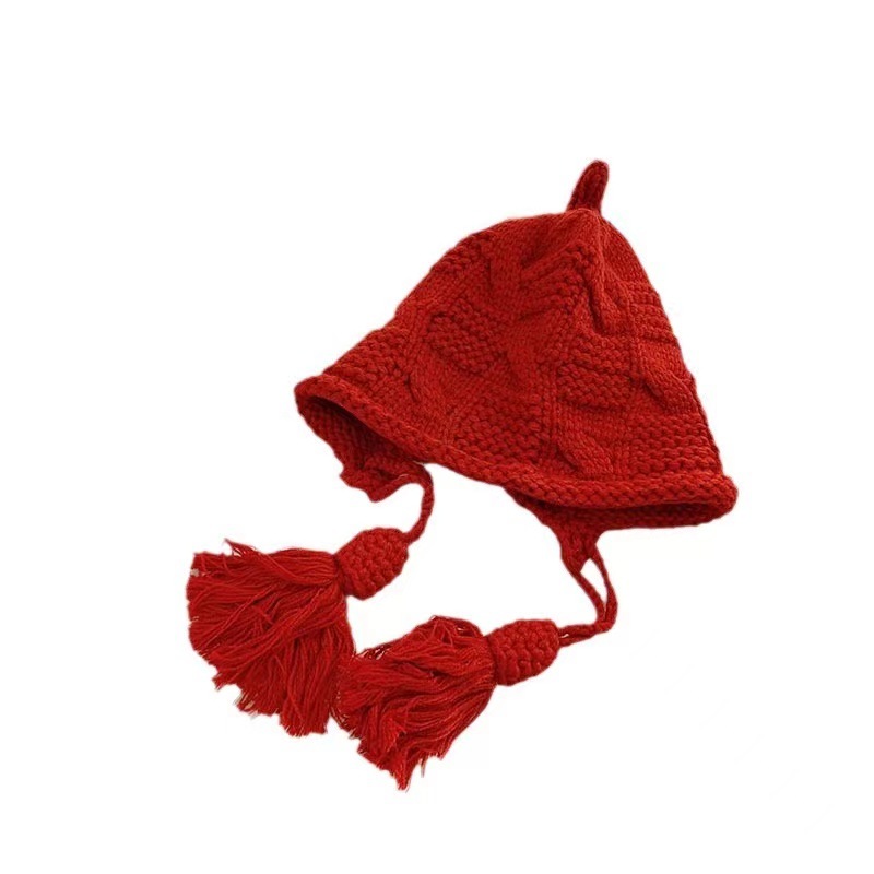 女童秋冬加厚流苏系带套头帽洋气手工针织帽新年红色帽保暖包头帽详情11
