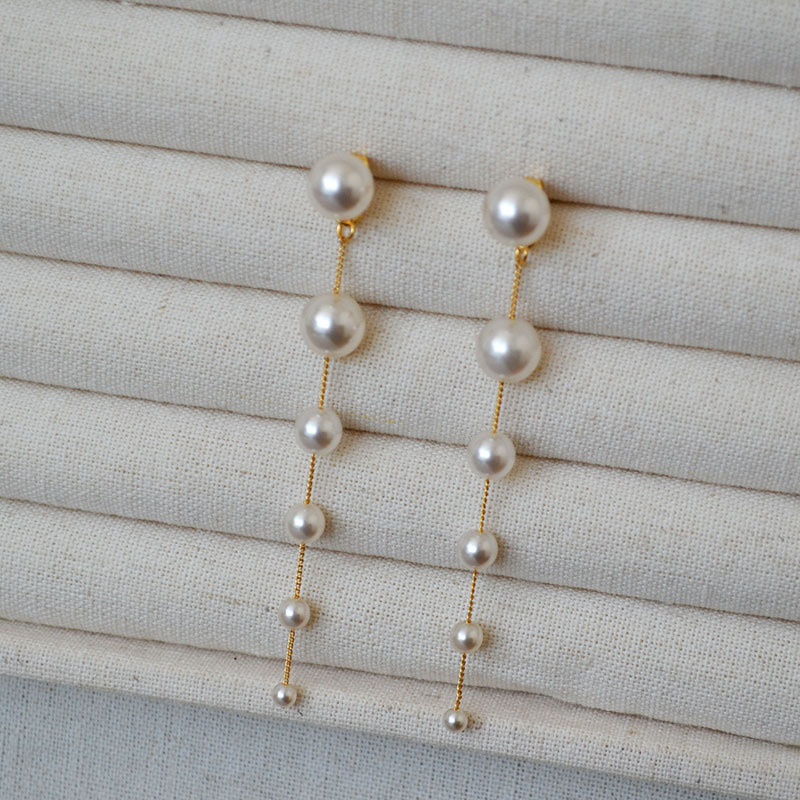 日韩小众简约气质渐变大小珍珠流苏925银针耳环长款设计感耳饰女详情3