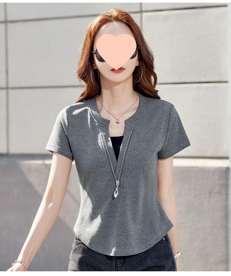 别致短袖t恤女装2025新款爆款夏季修身高腰假两件v领拉链短款上衣详情18