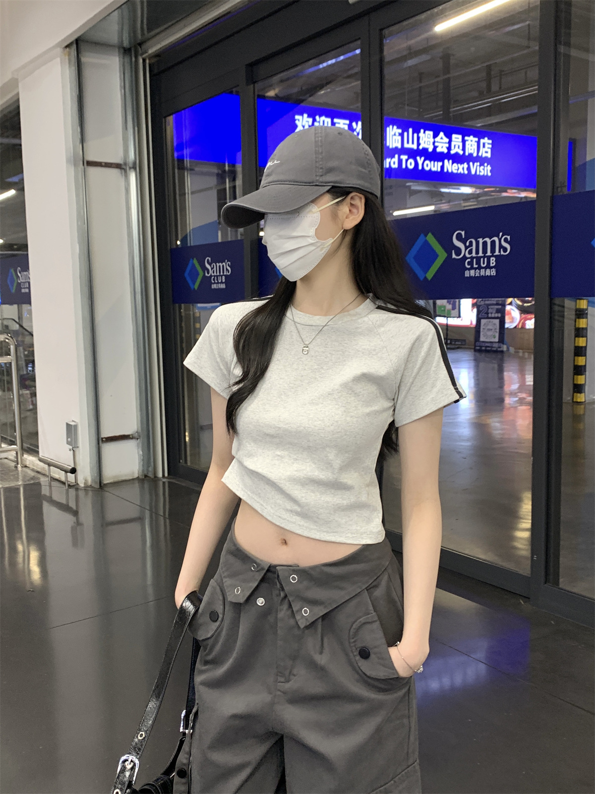 美式2024夏季新款韩版圆领修身插肩杠条显瘦百搭短袖T恤女装上衣详情21