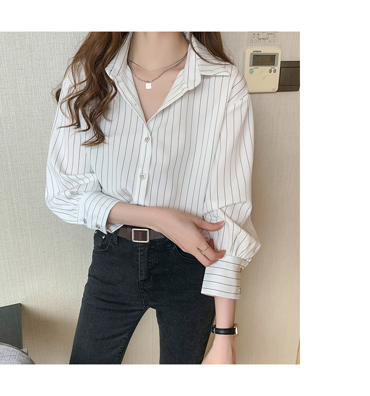 This vertical striped chiffon shirt for women with three-quarter sleeves is a new autumn collection. It features a unique and mature design with a sense of elegance and drape pic 19