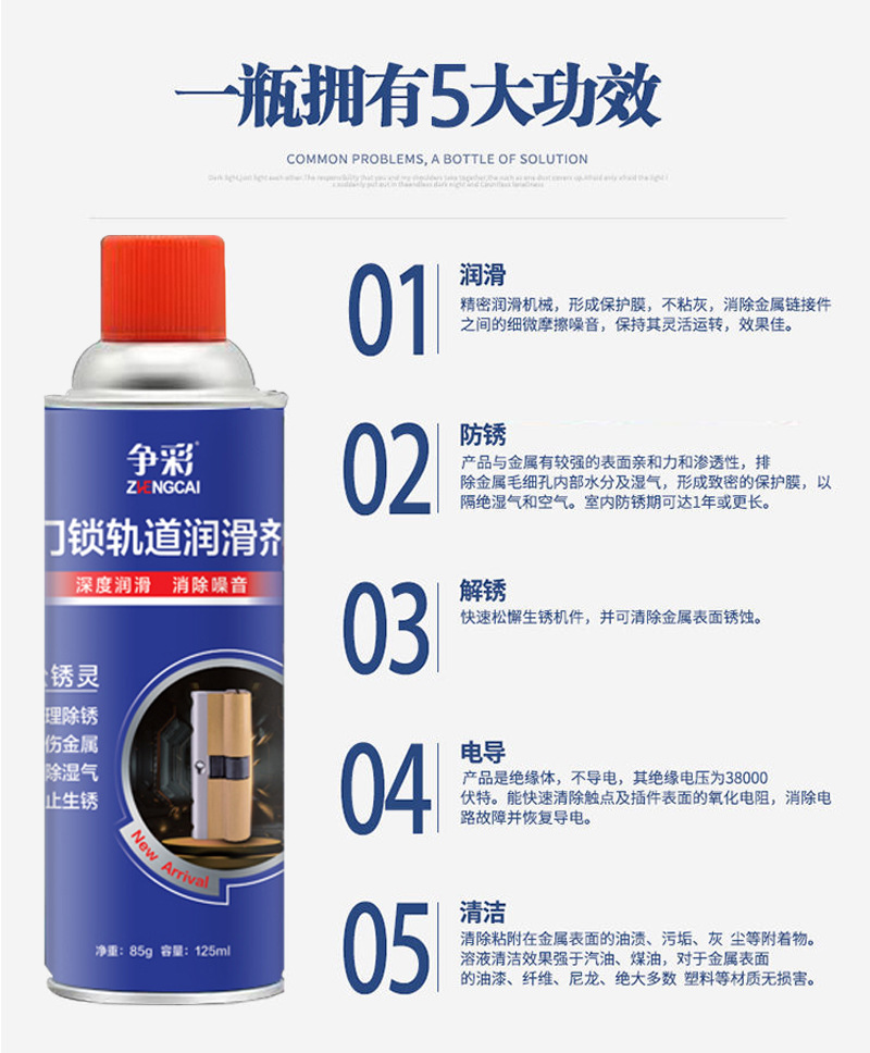 争彩门锁润滑油锁芯钥匙孔润滑除锈门轴合页异响轨道轴承防锈喷剂详情3