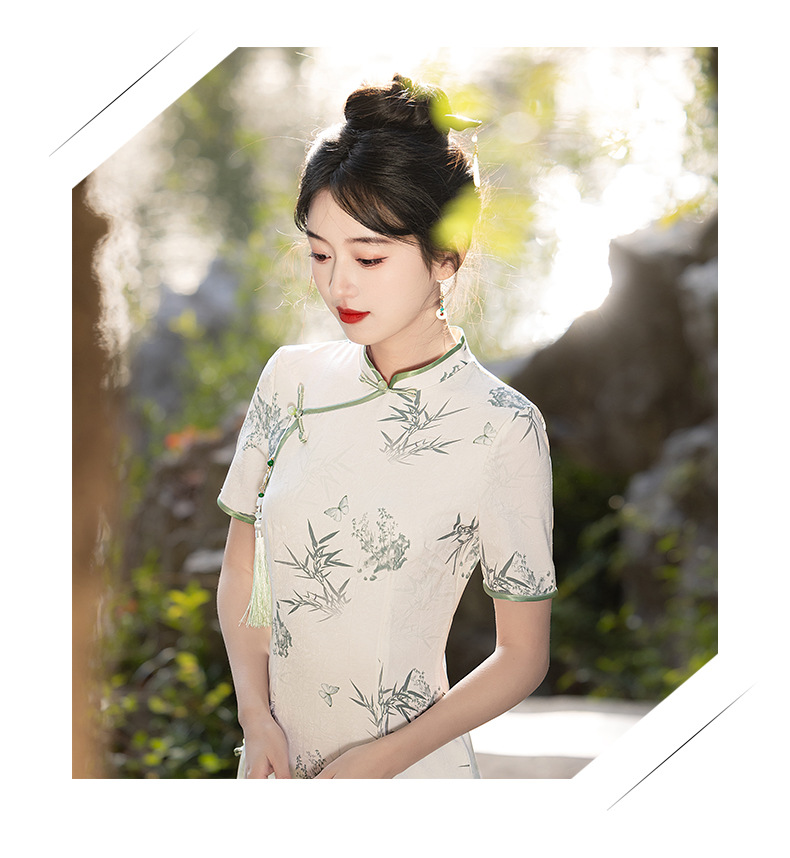 国潮富贵竹绿色旗袍长款 新中式改良短袖年轻款 日常高考送考旗开得胜详情1