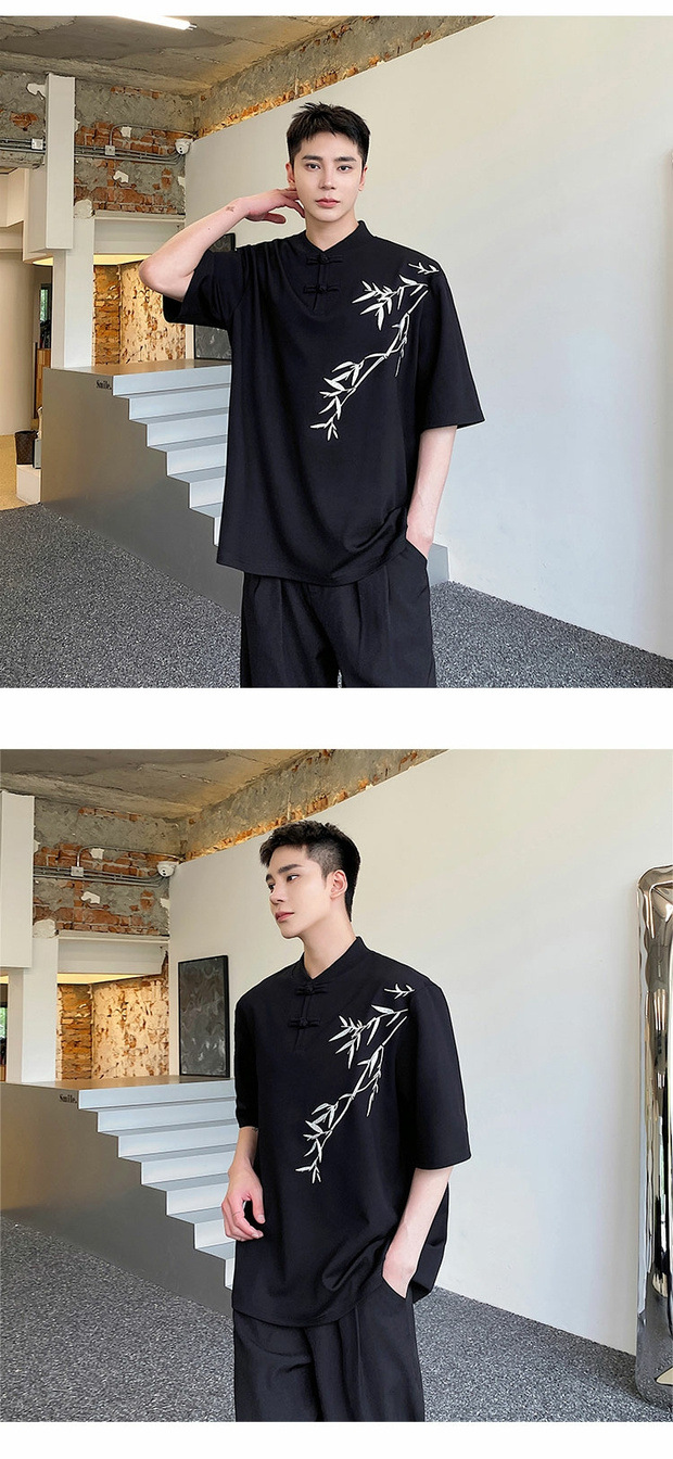 Summer Chinese trend improved Chinese-style button-up T-shirt for men, short-sleeved, niche bamboo embroidery design, retro Chinese style half-sleeved top pic 10