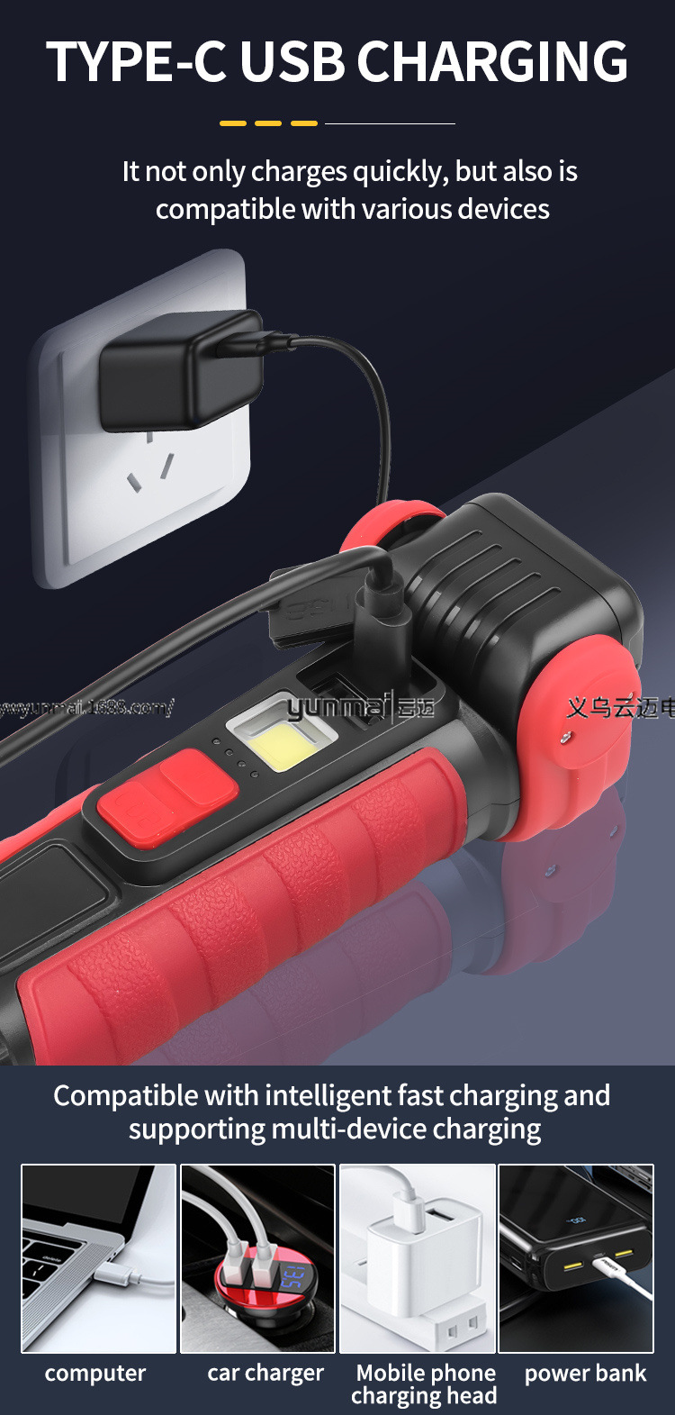 跨境新款COB工作灯磁吸带笔夹多功能强光应急手电筒检修提灯手提式照明工具详情9