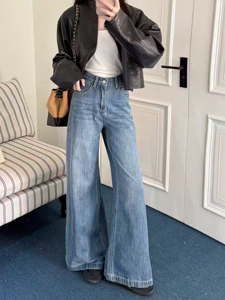 Supplying Guangzhou Thirteen Factories 2026 Spring vintage jeans, early autumn new Korean-style small nine-inch wide-leg pants pic 6