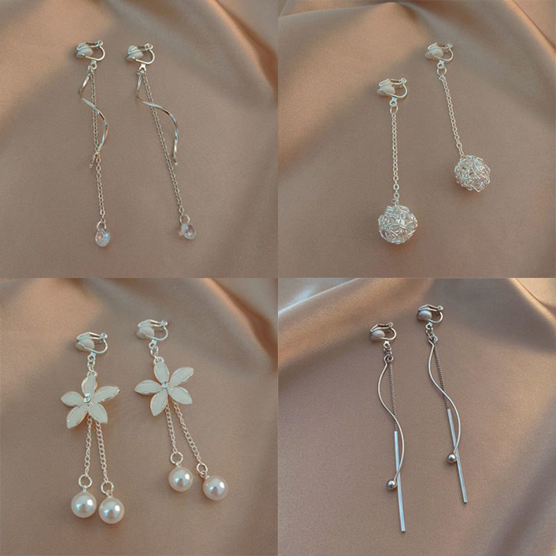 Silver, elegant and high-end ear clips, no ear holes, female ins student earrings, long earrings, niche design sense earrings pic 2