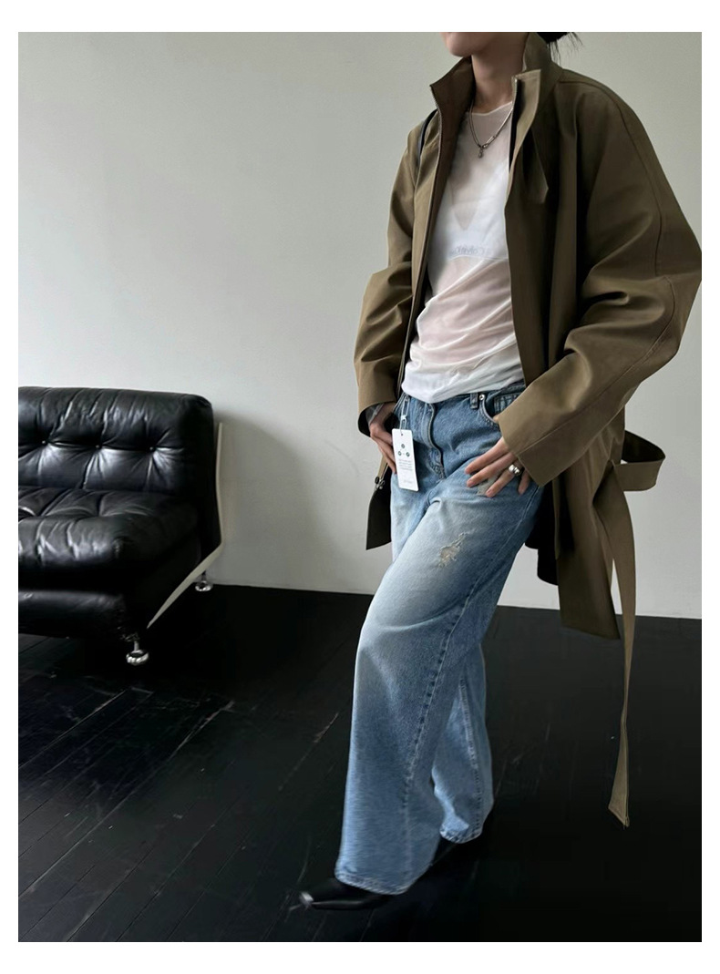 2025春季新品 韩国东大门女式风衣 立领系带设计 复古通勤风格 高级感慵懒风衣外套女款详情9