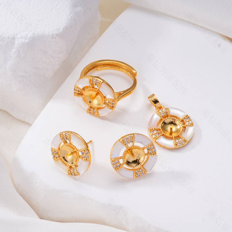 Pearl ring, earneedle pendant, micro-inlaid three-piece set, empty stand, cross-shaped ring, oil-dripping, crushed shell, retro DIY high jewelry pic 4