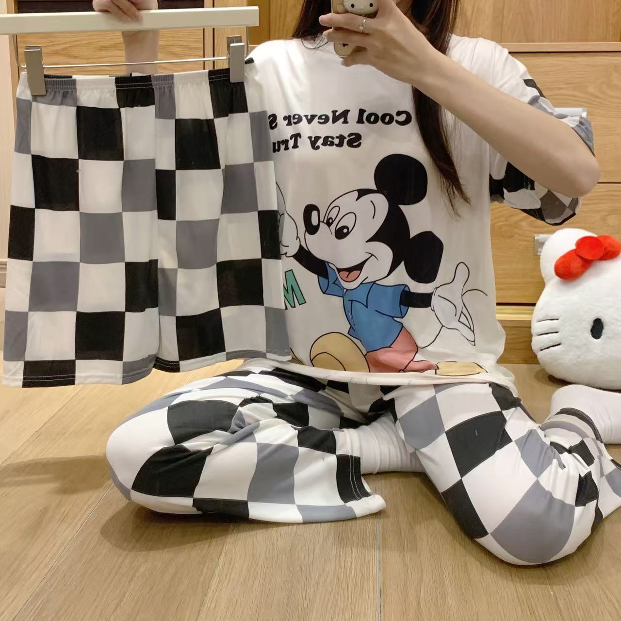 pajamas外贸工厂批发卡通夏季睡衣女短袖大码长裤三件套家居套装详情9