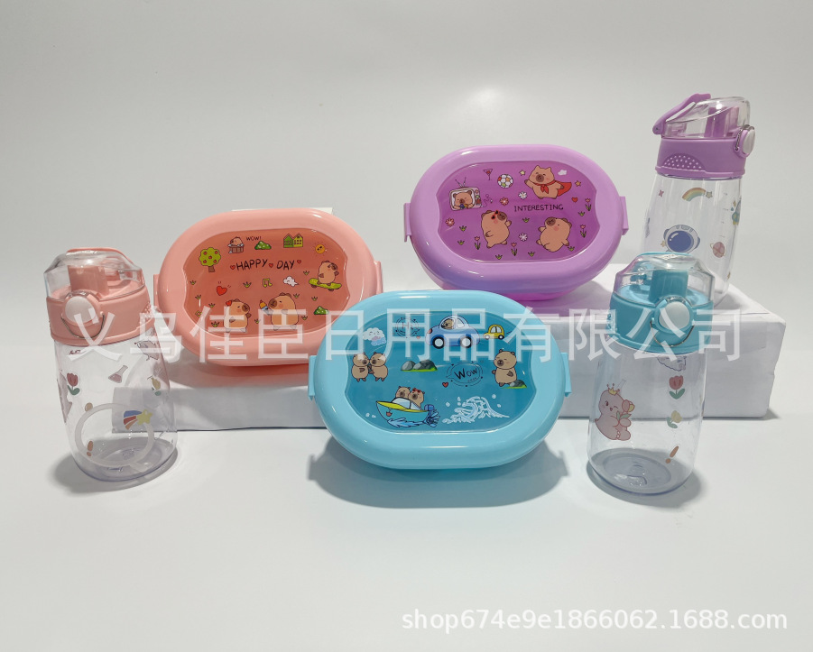 热销款学生卡通便当盒水壶饭盒套装卡皮巴拉分格款带餐具饭盒野餐详情3