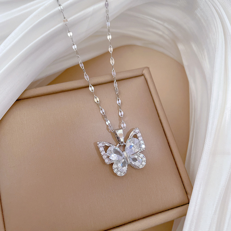 【钛钢】锆石蝴蝶项链耳环套装轻奢微镶个性气质宴会耳饰项饰组合详情18