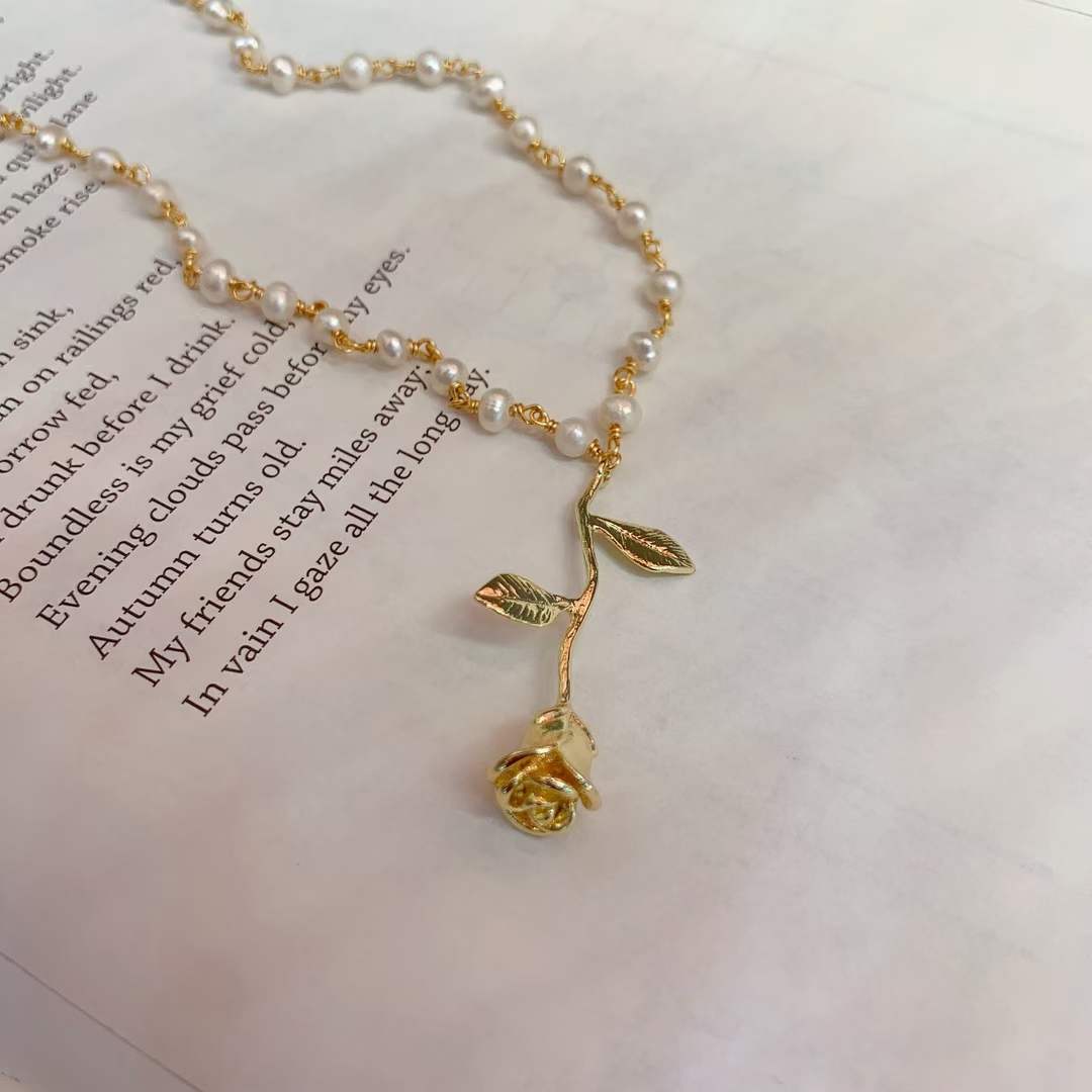 气质设计感玫瑰花珍珠项链铜镀真金清新温婉百搭款详情7