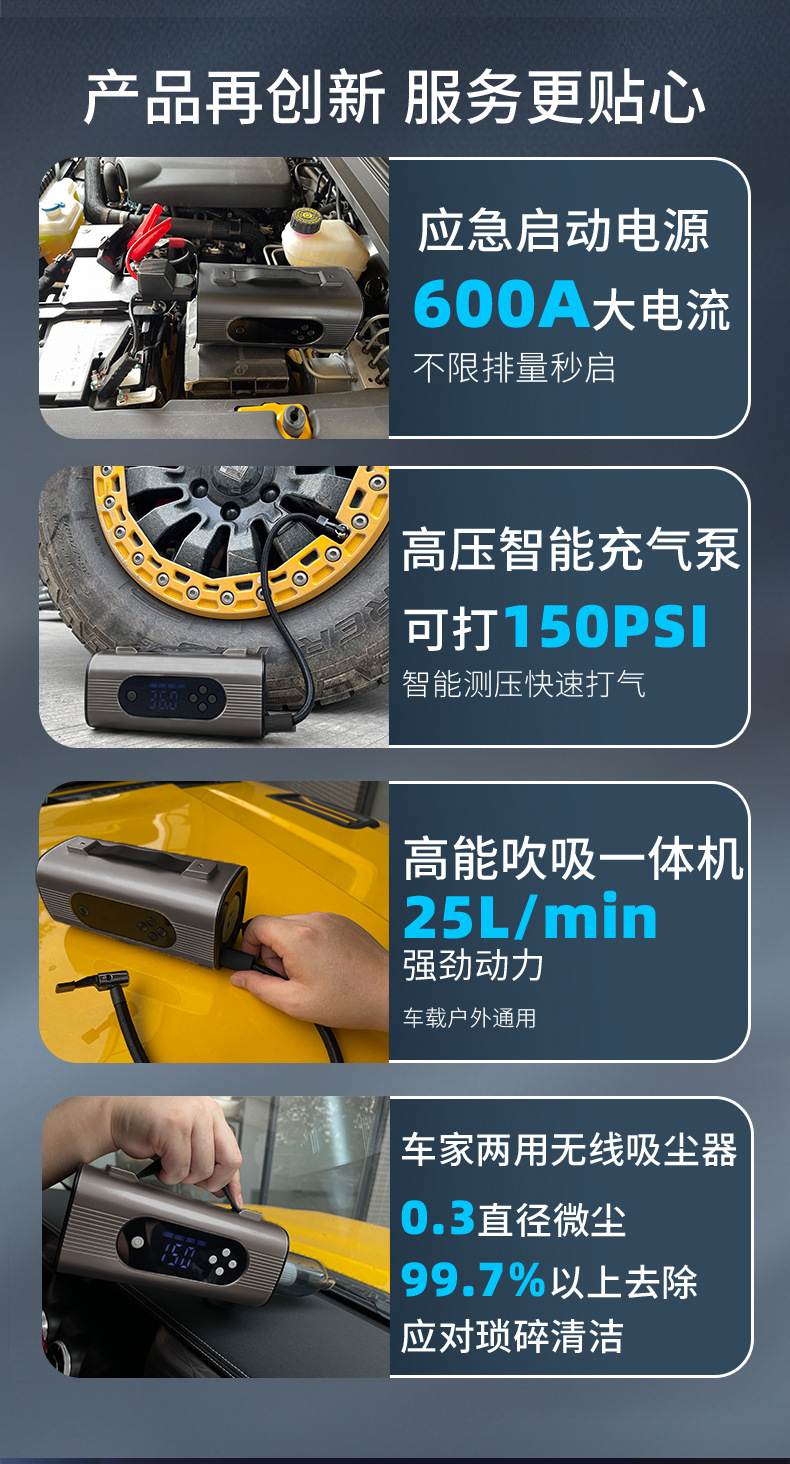 New Hasai multi-functional portable car emergency power starter and air pump all-in-one machine 12v jumper pic 2