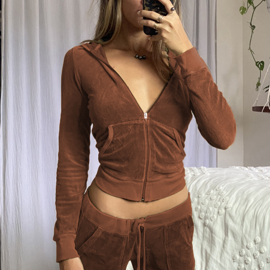 Solid color velvet slim sports suit zipper hood pic 19