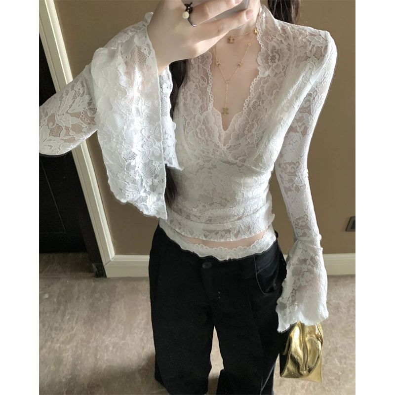 白色v领蕾丝打底衫女早秋纯欲性感修身显瘦长袖T恤小众设计感上衣详情1