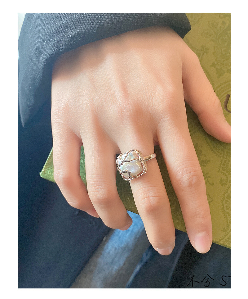 Cross-border niche design light luxury S925 sterling silver ring for women, Baroque pearl square opening ring accessory pic 17