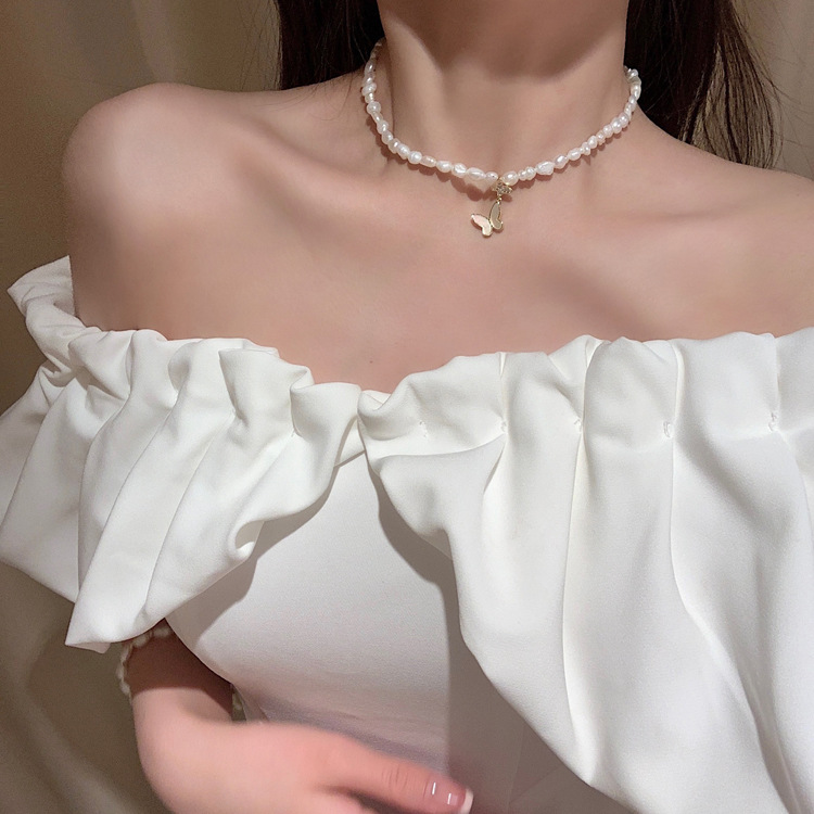 巴洛克淡水珍珠项链女夏气质网红设计感蝴蝶锁骨链不规则珍珠颈链详情11