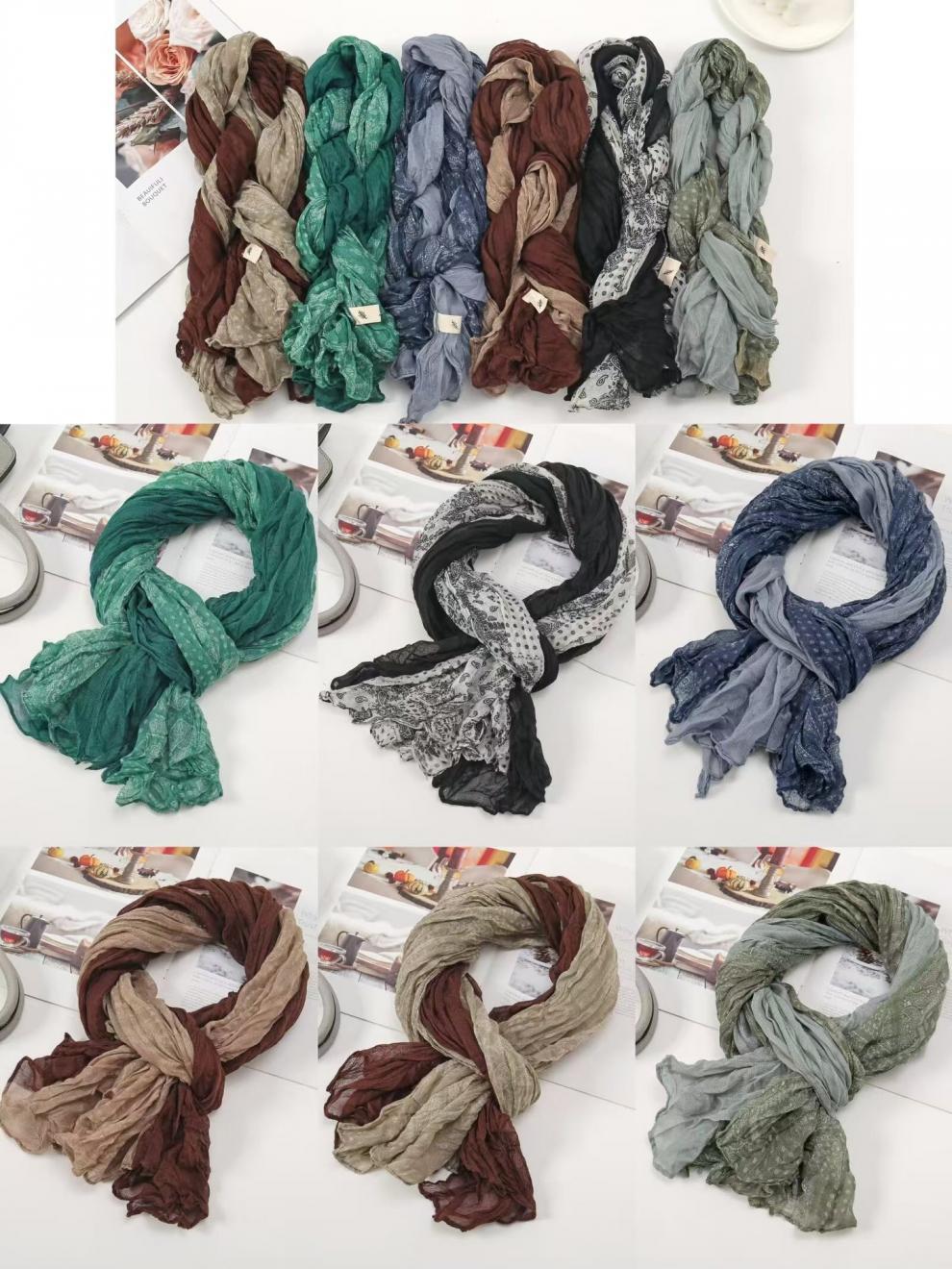 春秋麻花围巾褶皱简约百搭丝巾韩版外贸碎花披肩巴厘纱围巾女围脖详情13