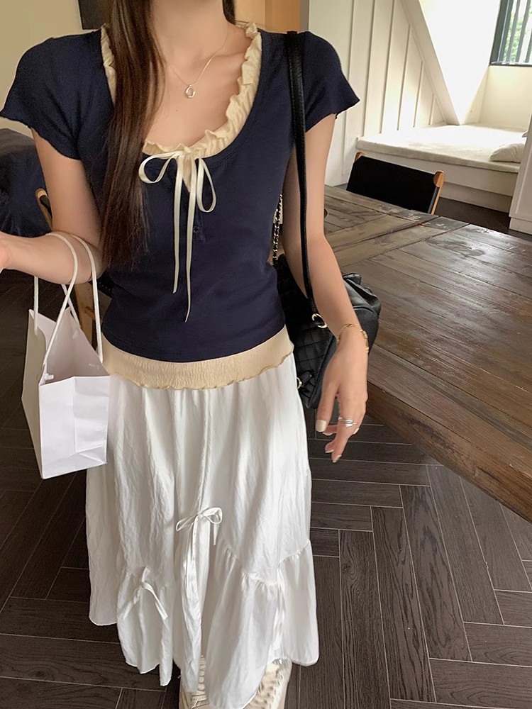 2025夏季新款芭蕾风假两件正肩短袖t恤女修身显瘦bm短款上衣详情4
