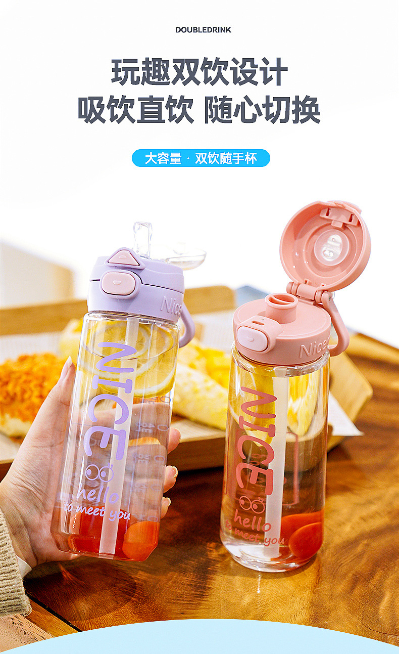 夏季高颜值学生吸管水杯塑料杯防摔便携提手双饮儿童杯户外随手杯详情3
