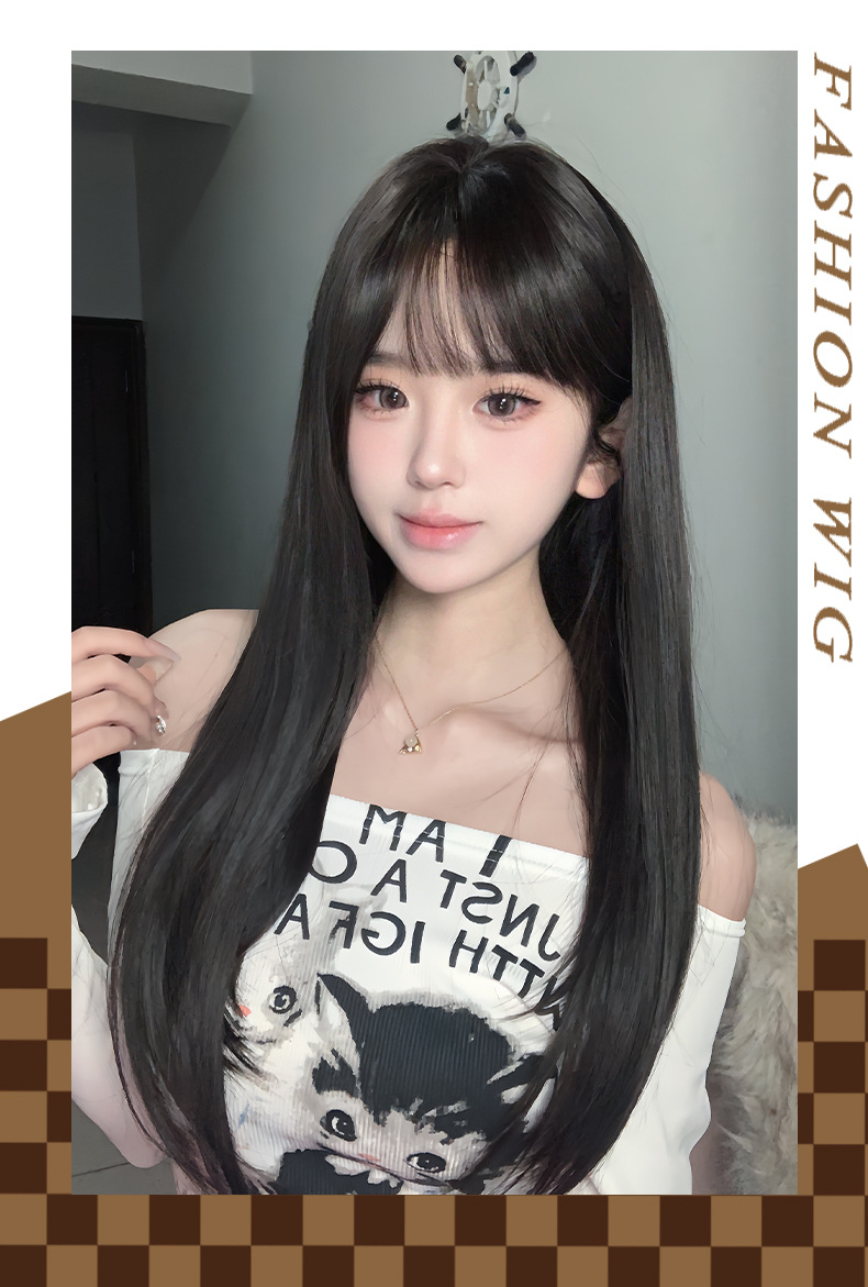 Wholesale of full-length headsets for trendy girls with fake black hair, long straight lines, natural fluffiness, and simulated bangs pic 13