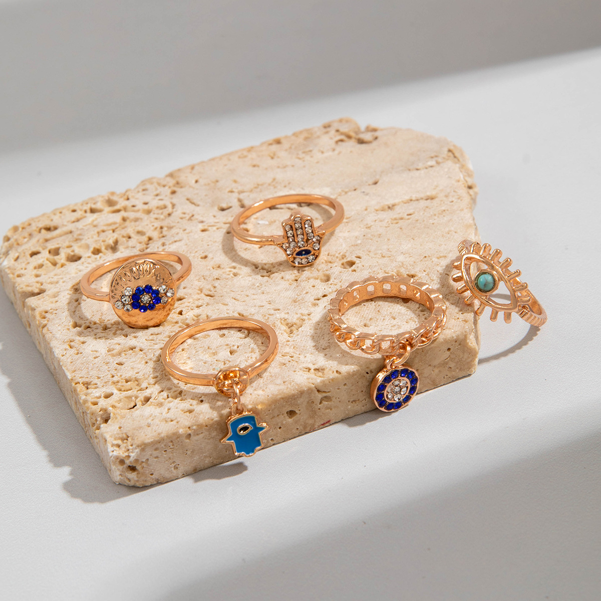 欧美跨境复古金属仿祖母绿镶钻戒指套装设计感爱心蛇形戒指套装女详情4