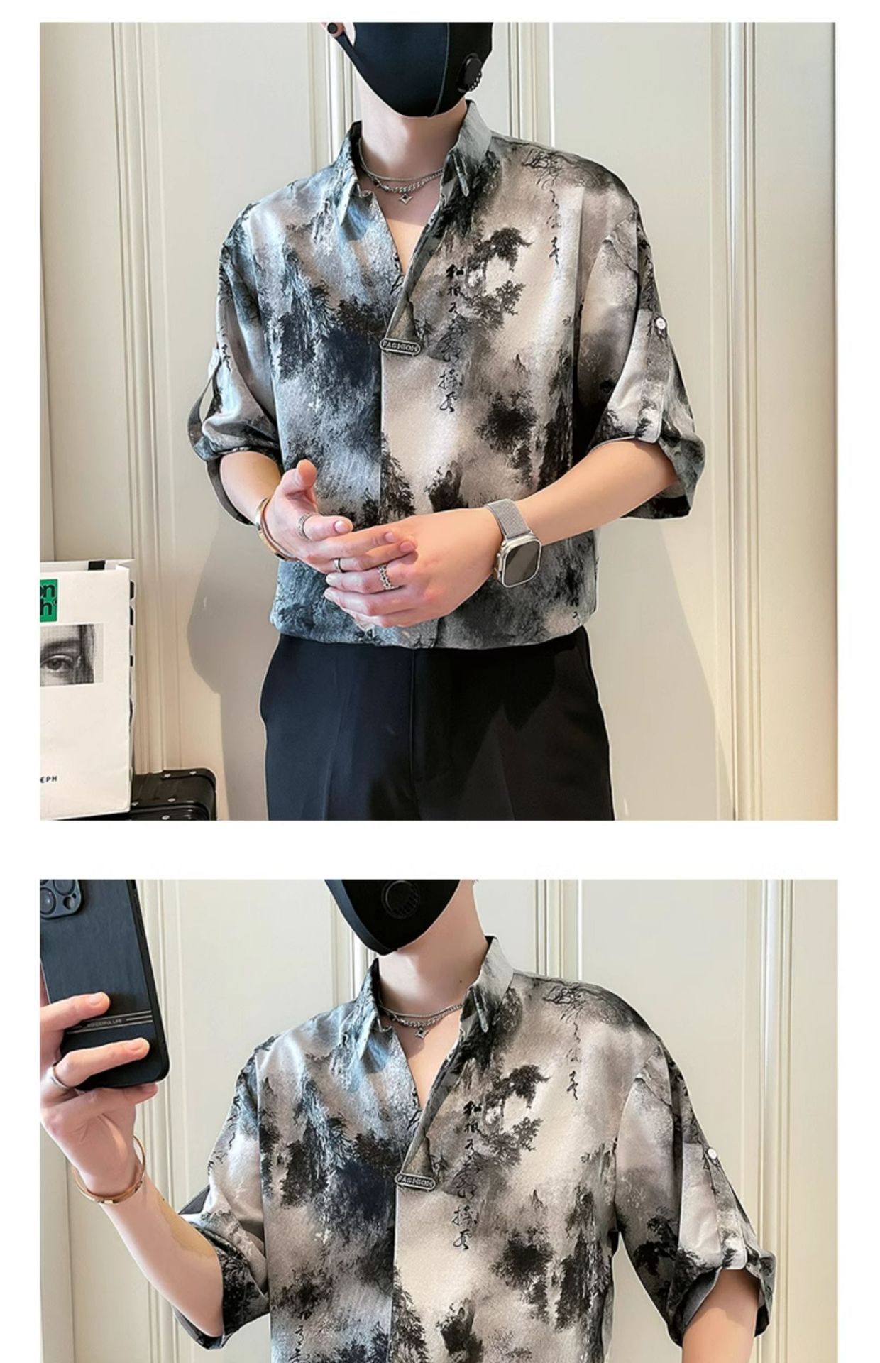 新中式国风衬衫男短袖休闲痞帅水墨扎染衬衣2025新款男士夏装上衣详情17