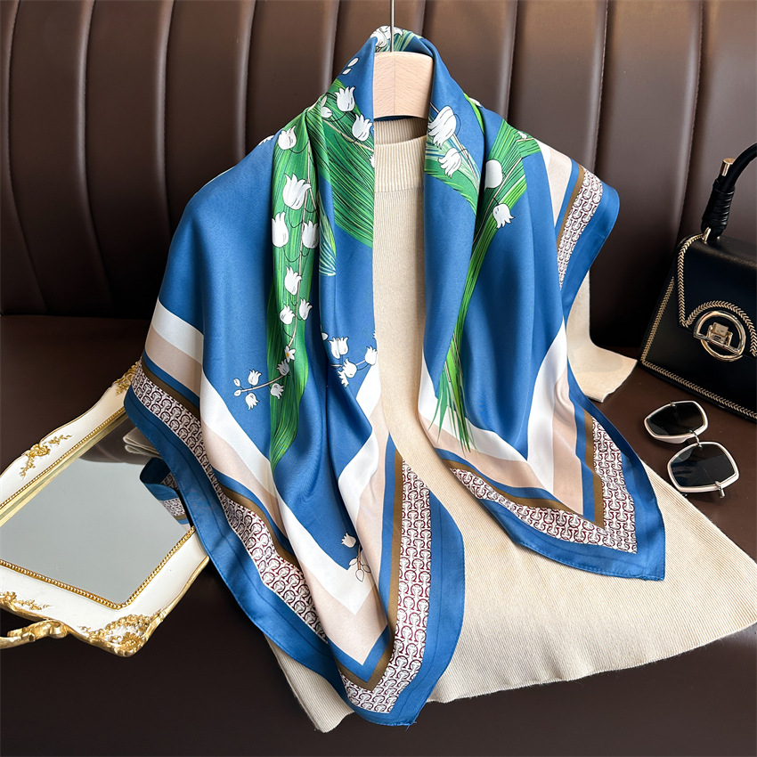 A 90cm new elegant and stylish square scarf with a twill pattern featuring Chinese trend lily of the valley flowers. It is a versatile sun-protective shawl and headscarf for women pic 9