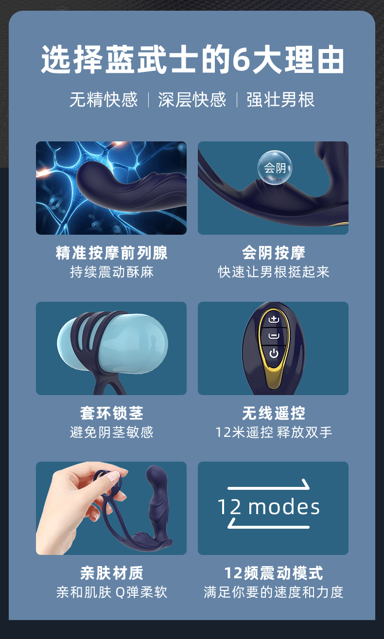 男用自慰后肛塞锁精环无线遥控蓝武士前列腺按摩震动情趣用品详情4